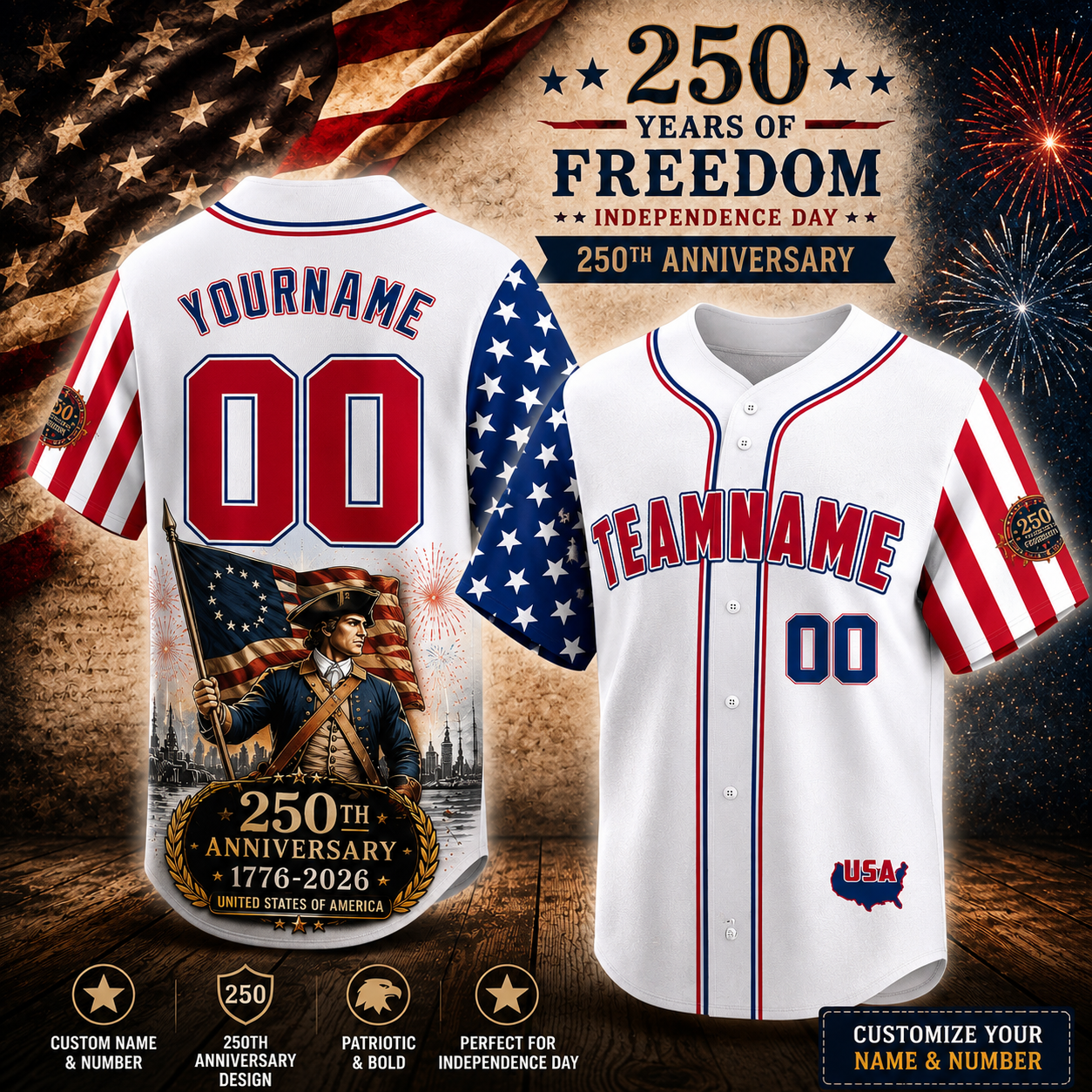 Personalized America 250th Anniversary Baseball Jersey – Independence Day Patriotic Fan Gift – Custom Name & Number 3D Jersey