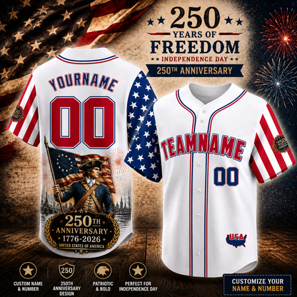 Personalized America 250th Anniversary Baseball Jersey – Independence Day Patriotic Fan Gift – Custom Name & Number 3D Jersey
