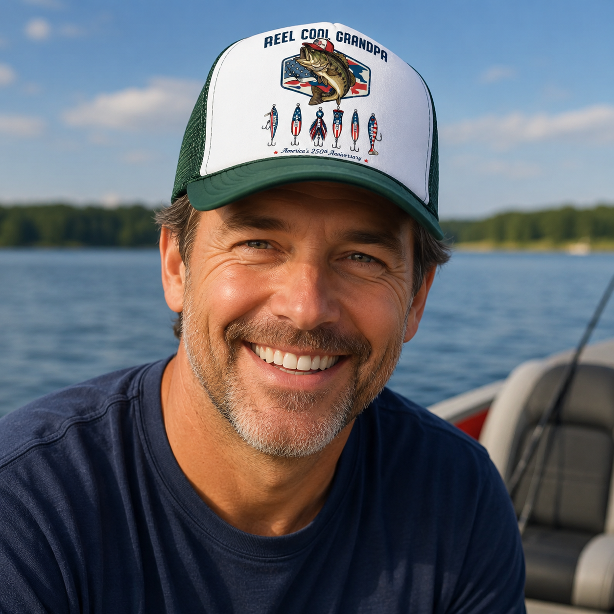 Reel Cool Dad Grandpa Custom Kid Names - Personalized Trucker Hat - American 250th Anniversary Gift For Patriotics