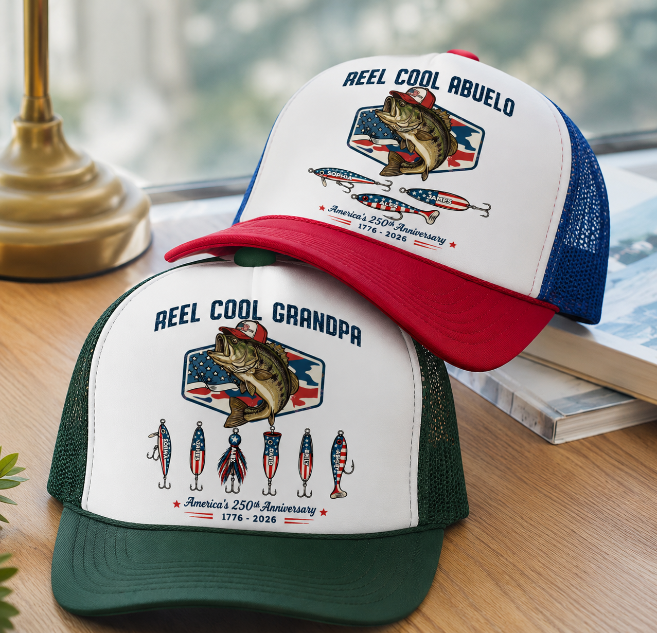 Reel Cool Dad Grandpa Custom Kid Names - Personalized Trucker Hat - American 250th Anniversary Gift For Patriotics