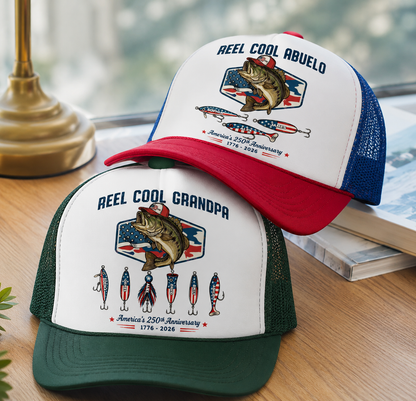 Reel Cool Dad Grandpa Custom Kid Names - Personalized Trucker Hat - American 250th Anniversary Gift For Patriotics
