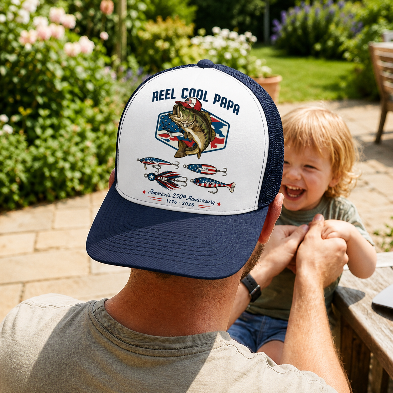 Reel Cool Dad Grandpa Custom Kid Names - Personalized Trucker Hat - American 250th Anniversary Gift For Patriotics