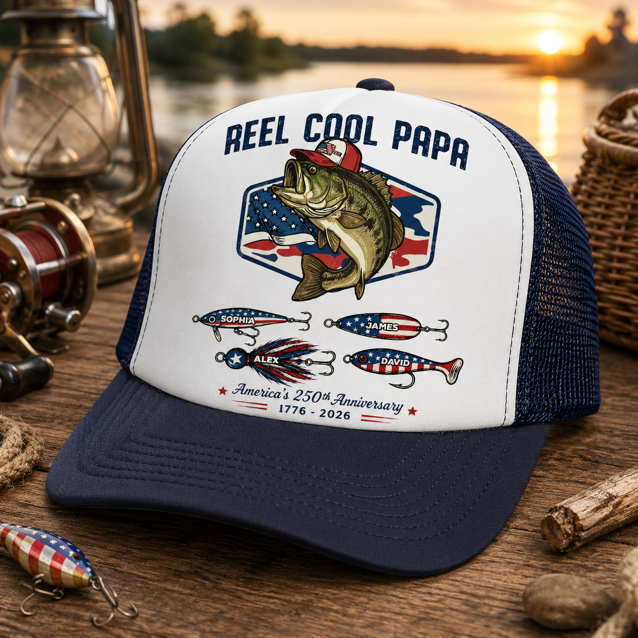 Reel Cool Dad Grandpa Custom Kid Names - Personalized Trucker Hat - American 250th Anniversary Gift For Patriotics