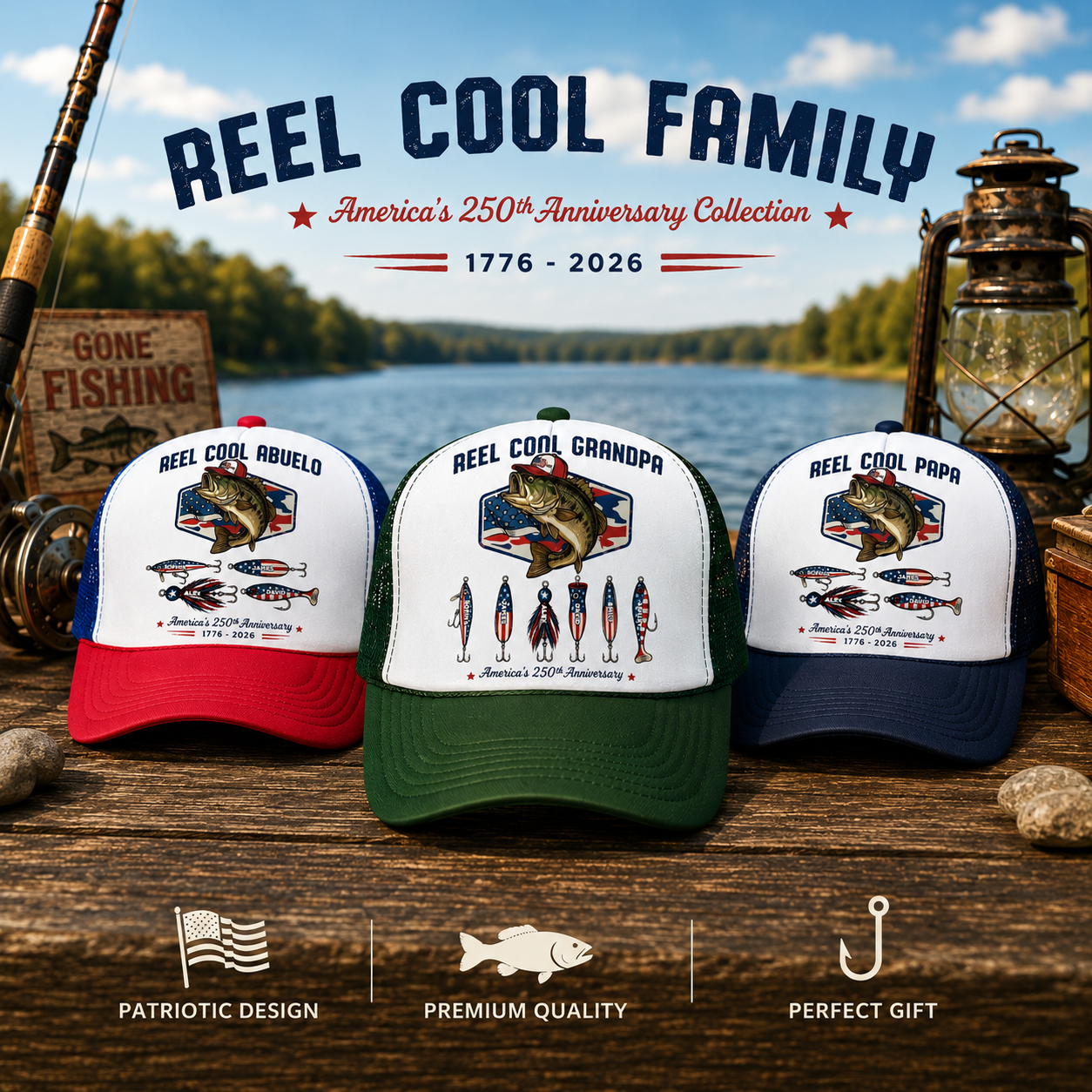 Reel Cool Dad Grandpa Custom Kid Names - Personalized Trucker Hat - American 250th Anniversary Gift For Patriotics