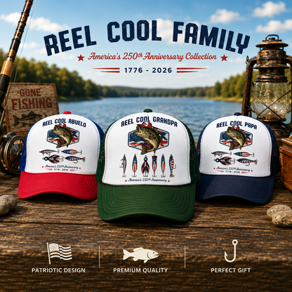 Reel Cool Dad Grandpa Custom Kid Names - Personalized Trucker Hat - American 250th Anniversary Gift For Patriotics