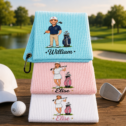Personalised Cartoon Character Absorbent Waffle Golf Towel with Name and Initial Hanging Clip Sports Accessories Birthday Gift for Golf Player
