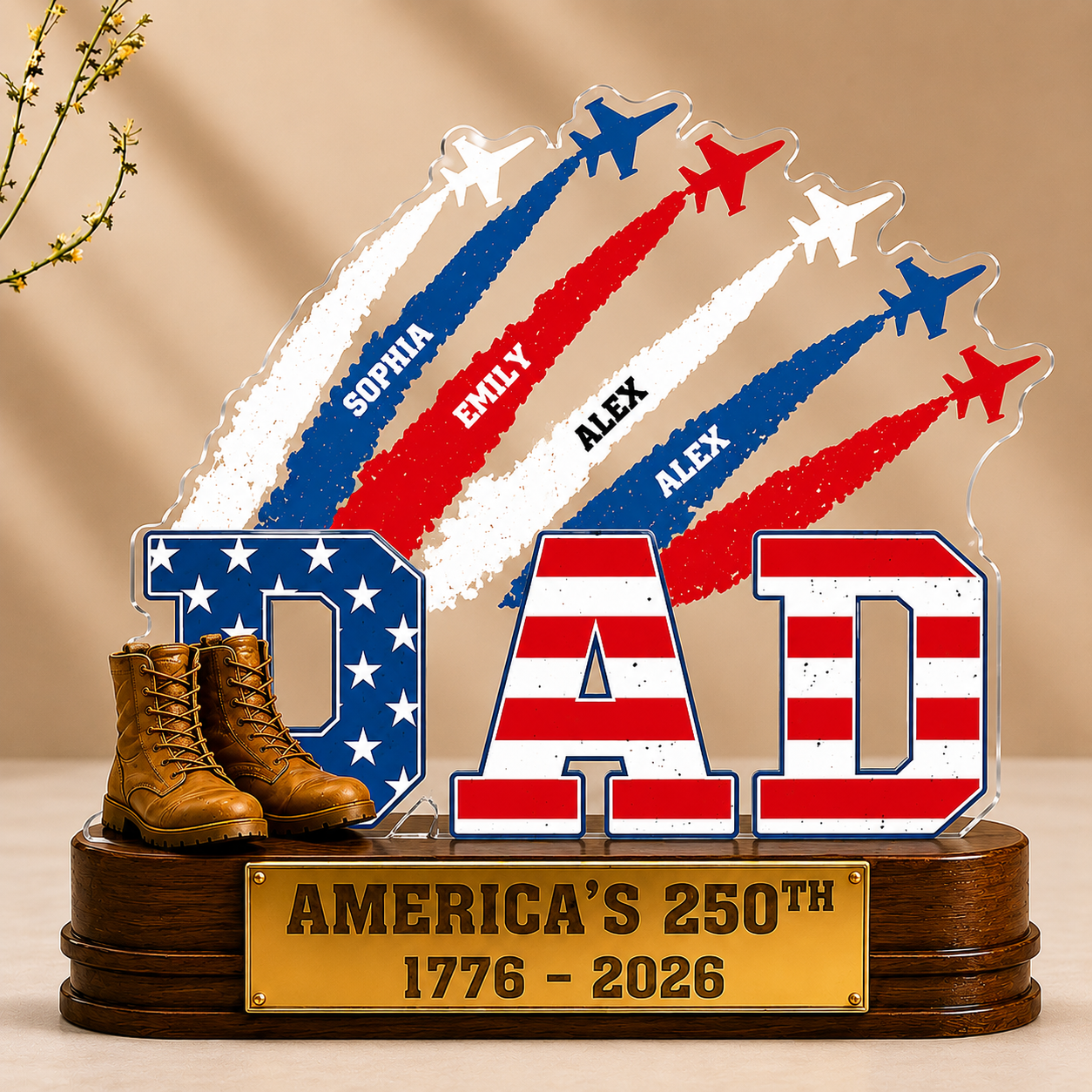 Proud Dad Grandpa America 250th Anniversary Personalized Acrylic Plaque – Custom Kids Names Patriotic Gift for Dad, Grandpa, Father's Day Gift