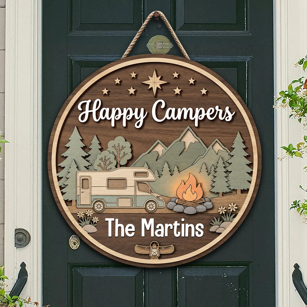 Happy Campers Family Camping - Personalized Wooden Round Sign