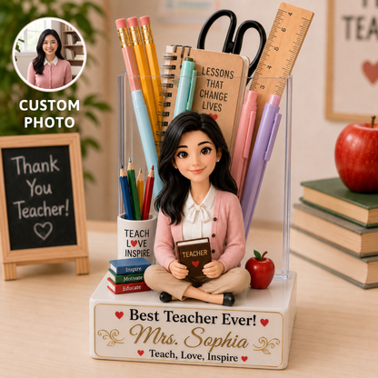 Personalized Teacher Acrylic Flower Pot With Custom Photo – Best Teacher Ever Classroom Decor Gift
