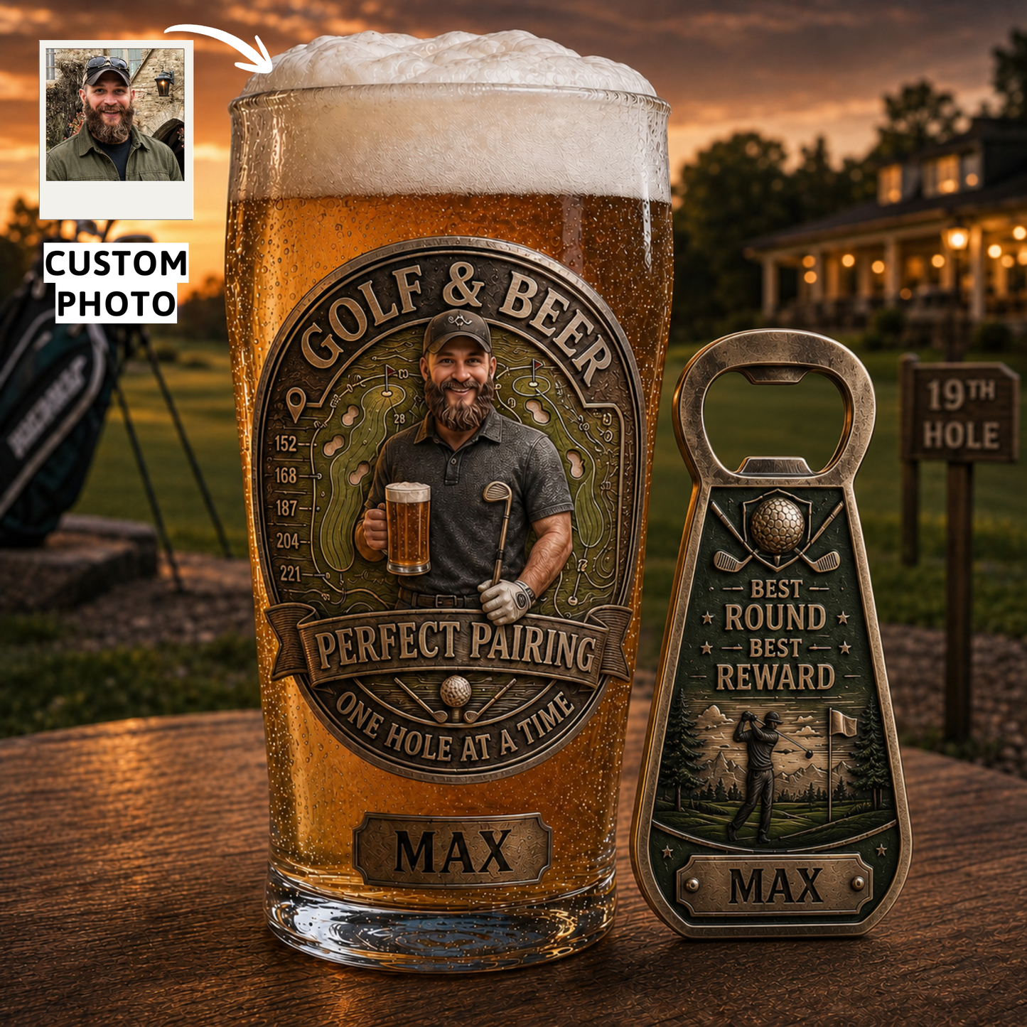 Personalized Golf Dad Beer Pint Glass & Bottle Opener Set – Custom Photo & Name Golf GPS Course Layout Gift for Golfer