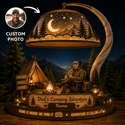 Personalized Dad’s Camping Adventure Acrylic LED Night Light – Custom Camper Name Campfire Decor Gift