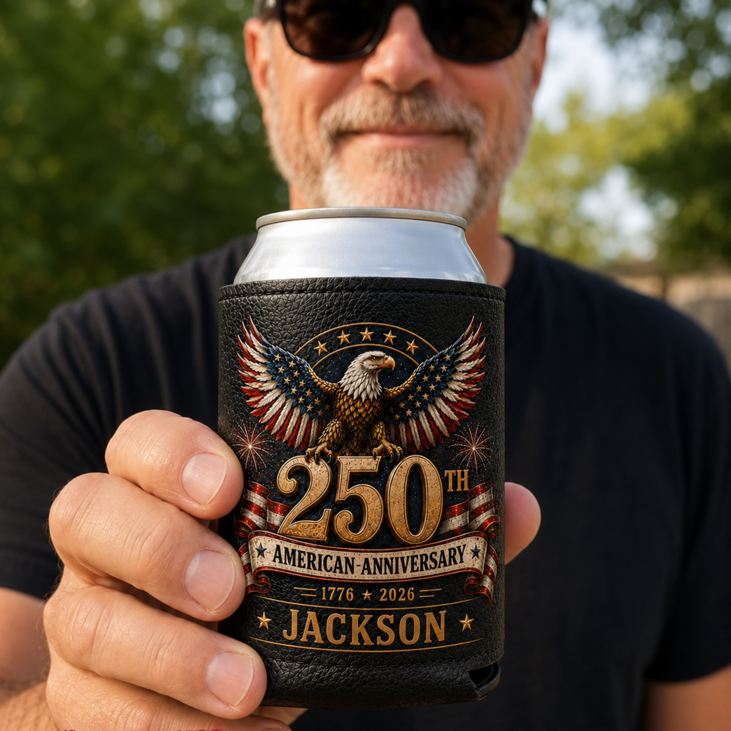 Personalized 250th American Anniversary Leather Can Cooler – Custom Name Patriotic Bald Eagle Beer Sleeve Gift for Veteran, Dad, Grandpa