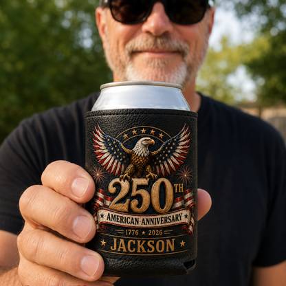 Personalized 250th American Anniversary Leather Can Cooler – Custom Name Patriotic Bald Eagle Beer Sleeve Gift for Veteran, Dad, Grandpa
