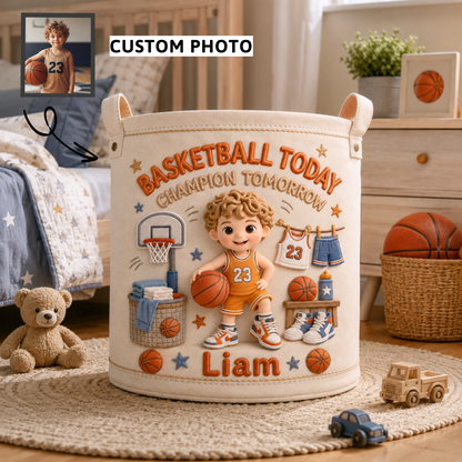Personalized Basketball Player Storage Basket – Custom Photo, Name & Number Laundry Hamper, Kids Toy Organizer, Basketball Room Decor