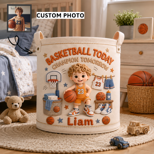 Personalized Basketball Player Storage Basket – Custom Photo, Name & Number Laundry Hamper, Kids Toy Organizer, Basketball Room Decor