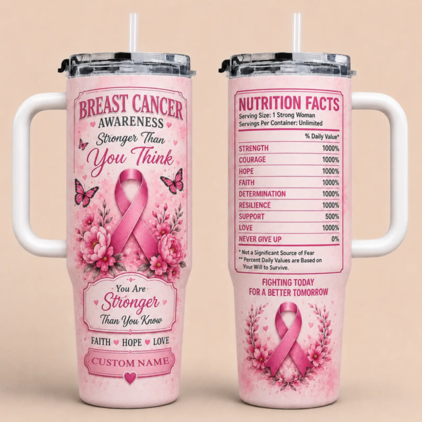 Personalized Breast Cancer Awareness 40oz Tumbler With Handle & Straw – Stronger Than You Think Pink Ribbon Gift