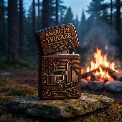 Personalized American Trucker Leather-Style Flip-Top Lighter – Custom Name Born to Roll Truck Driver Gift