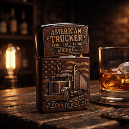 Personalized American Trucker Leather-Style Flip-Top Lighter – Custom Name Born to Roll Truck Driver Gift