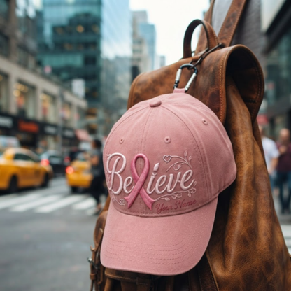 Personalized Believe Breast Cancer Awareness Cap – Custom Name Pink Ribbon Cotton Blend Hat