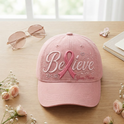 Personalized Believe Breast Cancer Awareness Cap – Custom Name Pink Ribbon Cotton Blend Hat