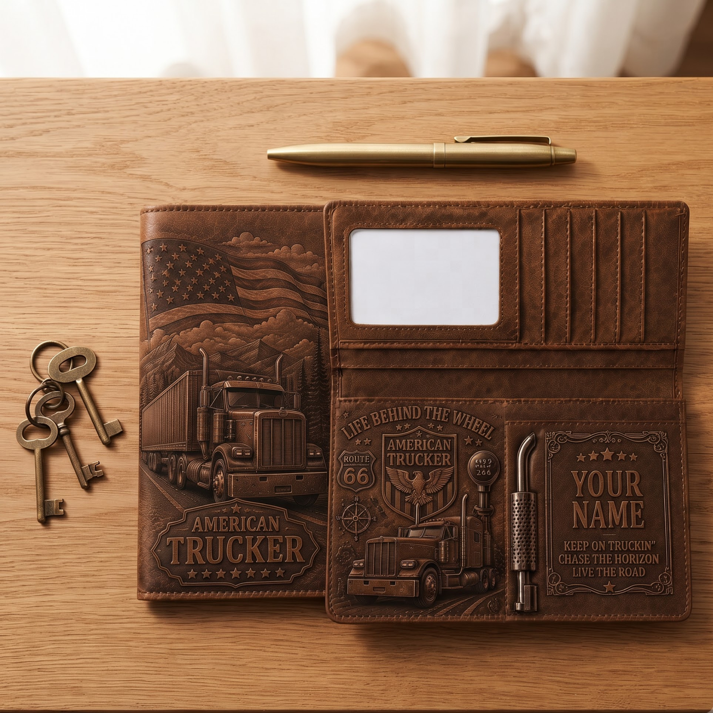 Personalized American Trucker PU Leather Long Wallet – Custom Name Trucker Wallet Gift for Truck Drivers