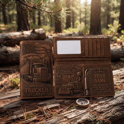 Personalized American Trucker PU Leather Long Wallet – Custom Name Trucker Wallet Gift for Truck Drivers