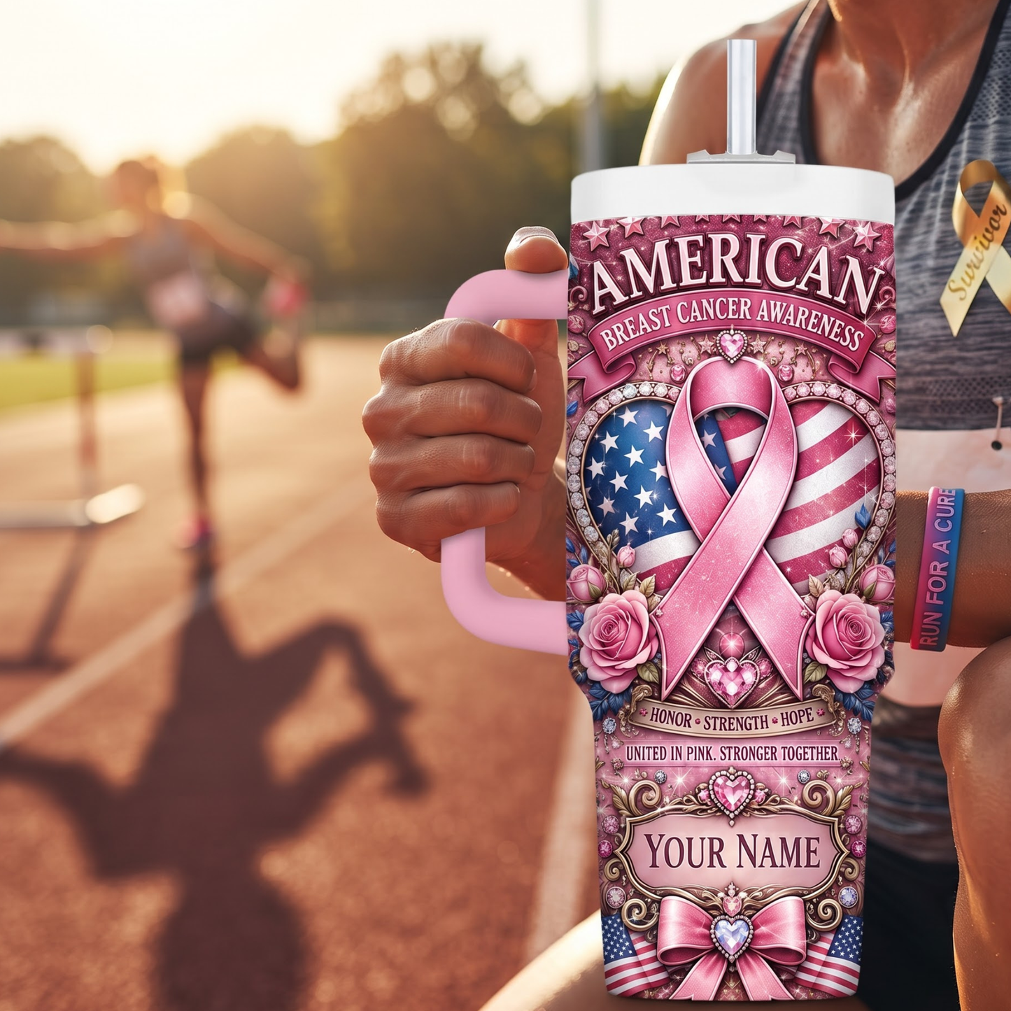 Personalized American Breast Cancer Awareness 40oz Tumbler With Handle & Straw – Custom Name Pink Ribbon Patriotic Gift
