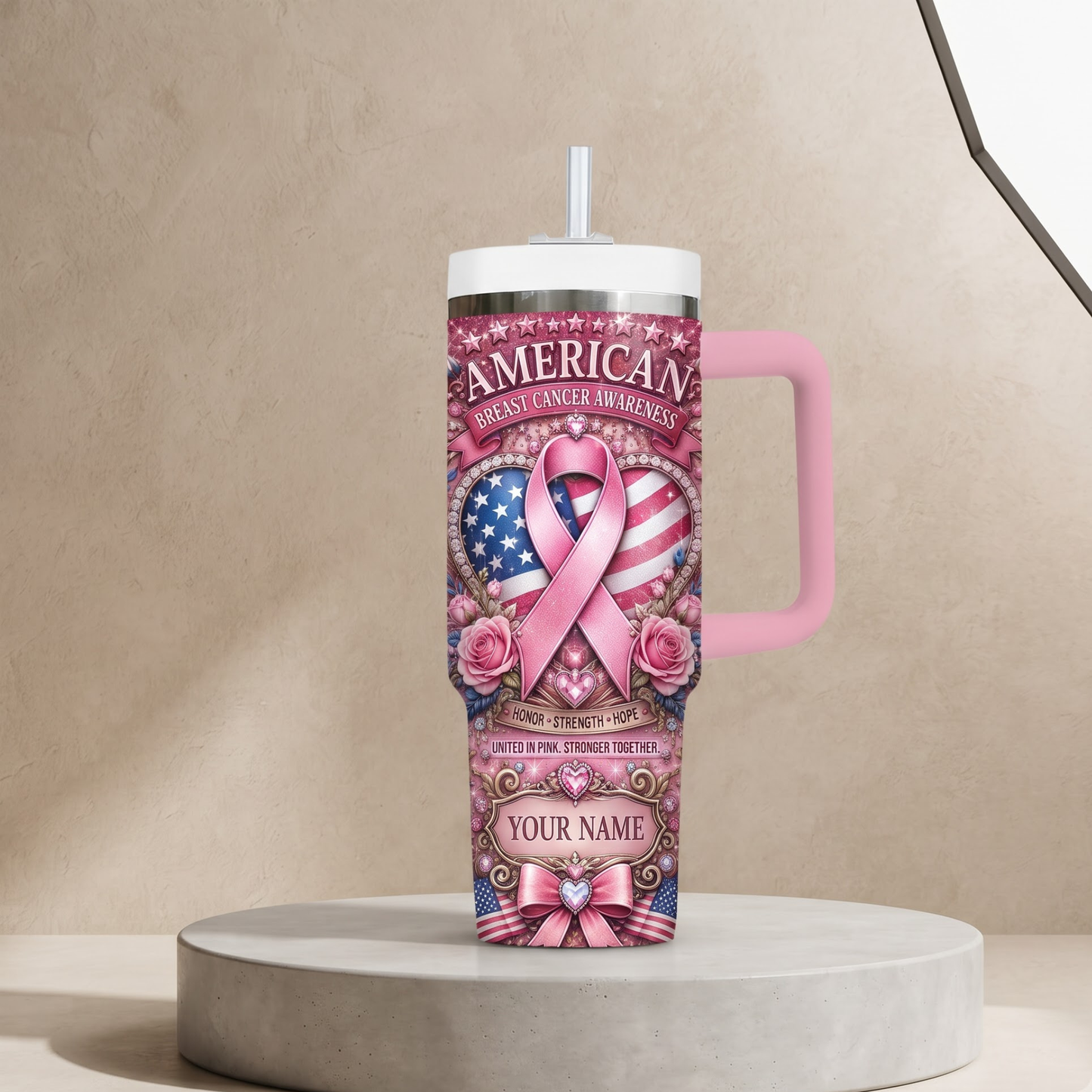 Personalized American Breast Cancer Awareness 40oz Tumbler With Handle & Straw – Custom Name Pink Ribbon Patriotic Gift