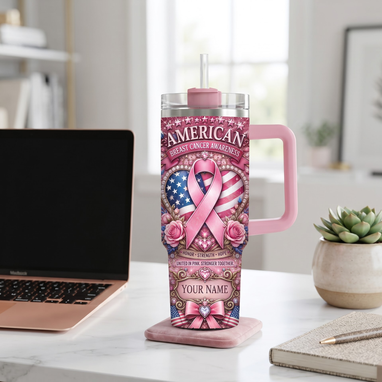 Personalized American Breast Cancer Awareness 40oz Tumbler With Handle & Straw – Custom Name Pink Ribbon Patriotic Gift