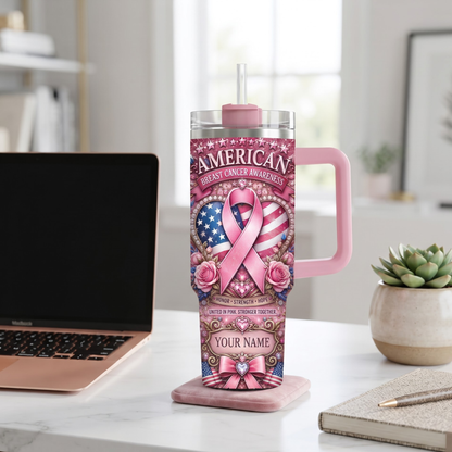 Personalized American Breast Cancer Awareness 40oz Tumbler With Handle & Straw – Custom Name Pink Ribbon Patriotic Gift