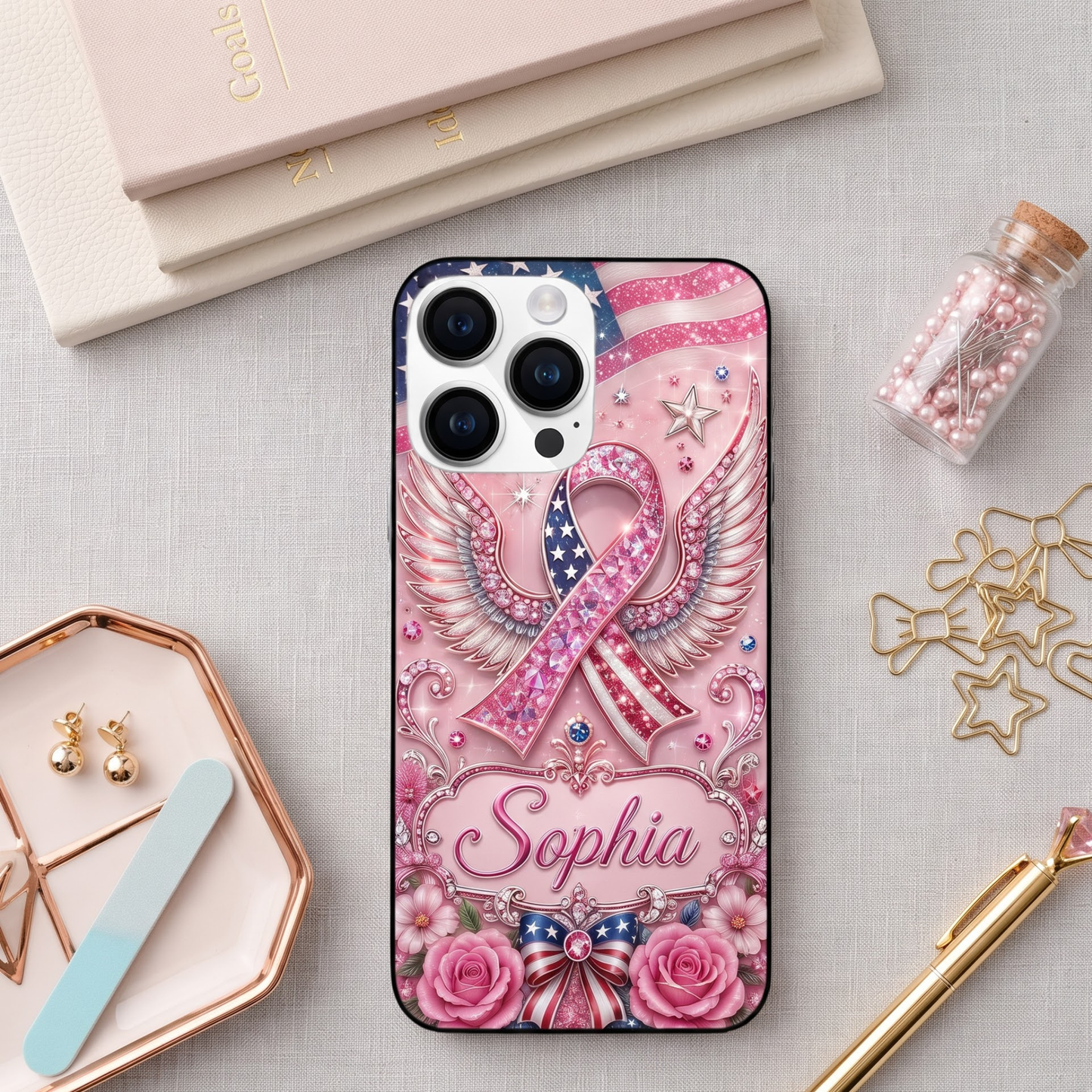 Personalized American Breast Cancer Awareness Phone Case – Pink Ribbon Wings Custom Name Glitter TPU Case
