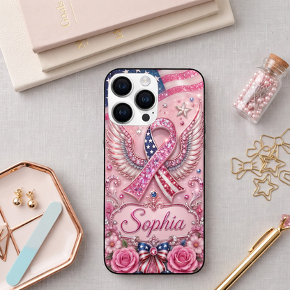 Personalized American Breast Cancer Awareness Phone Case – Pink Ribbon Wings Custom Name Glitter TPU Case