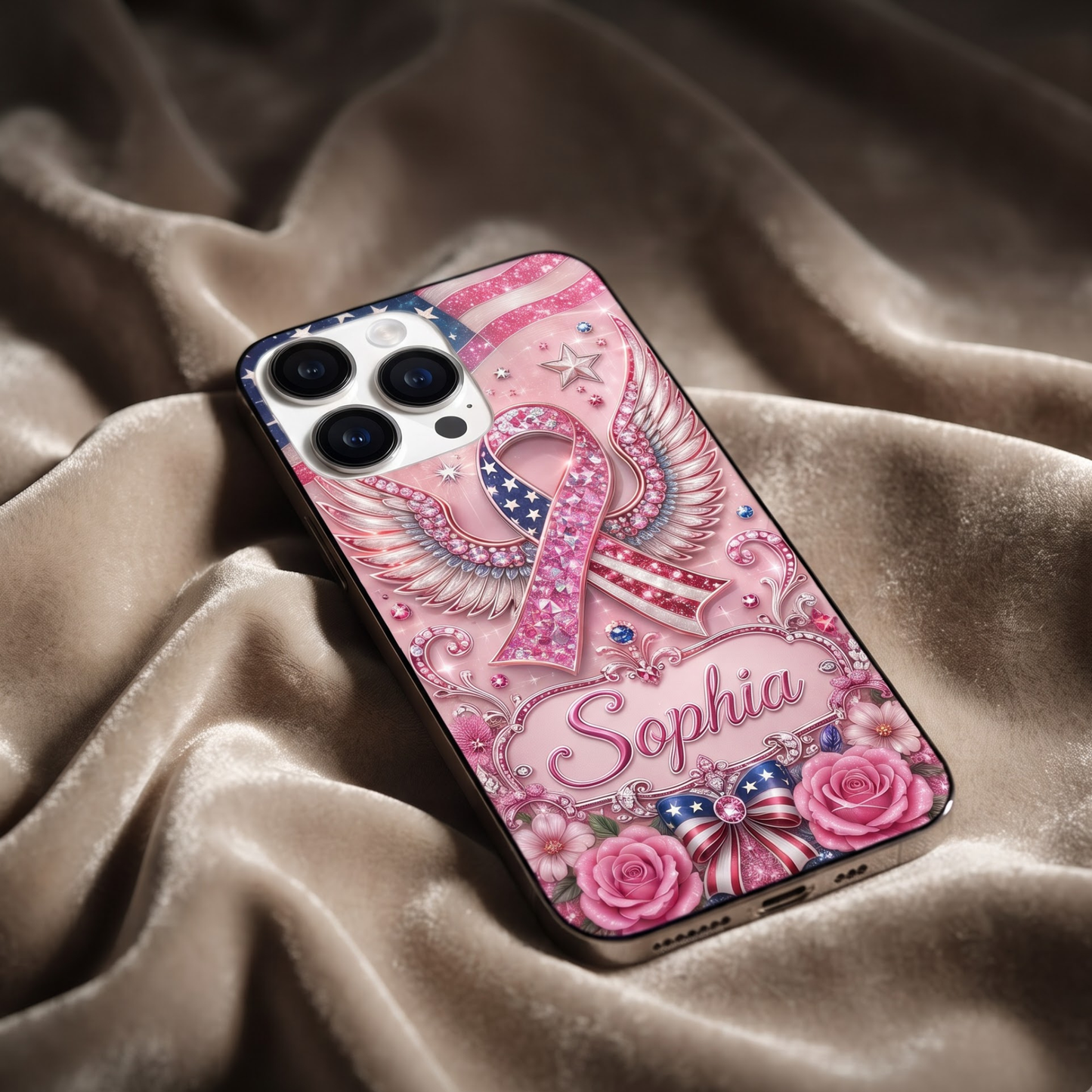 Personalized American Breast Cancer Awareness Phone Case – Pink Ribbon Wings Custom Name Glitter TPU Case