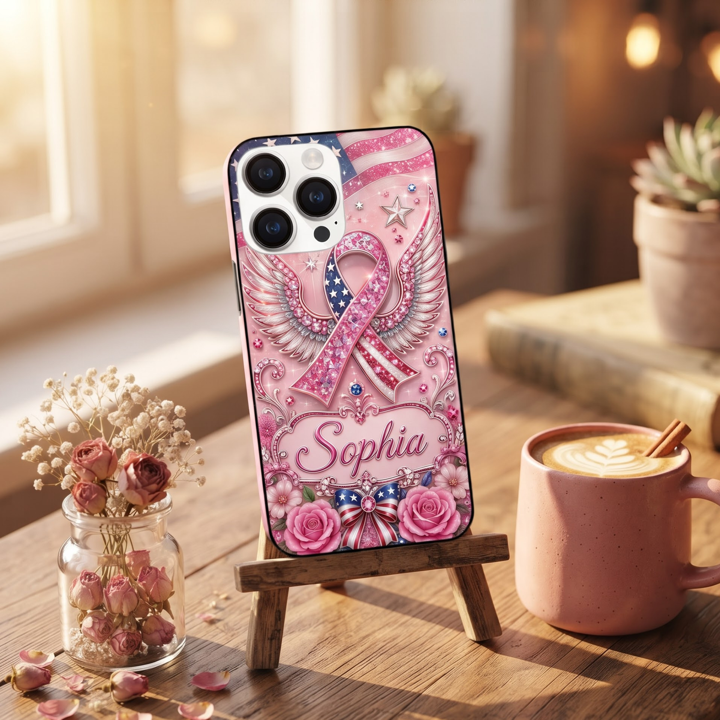 Personalized American Breast Cancer Awareness Phone Case – Pink Ribbon Wings Custom Name Glitter TPU Case