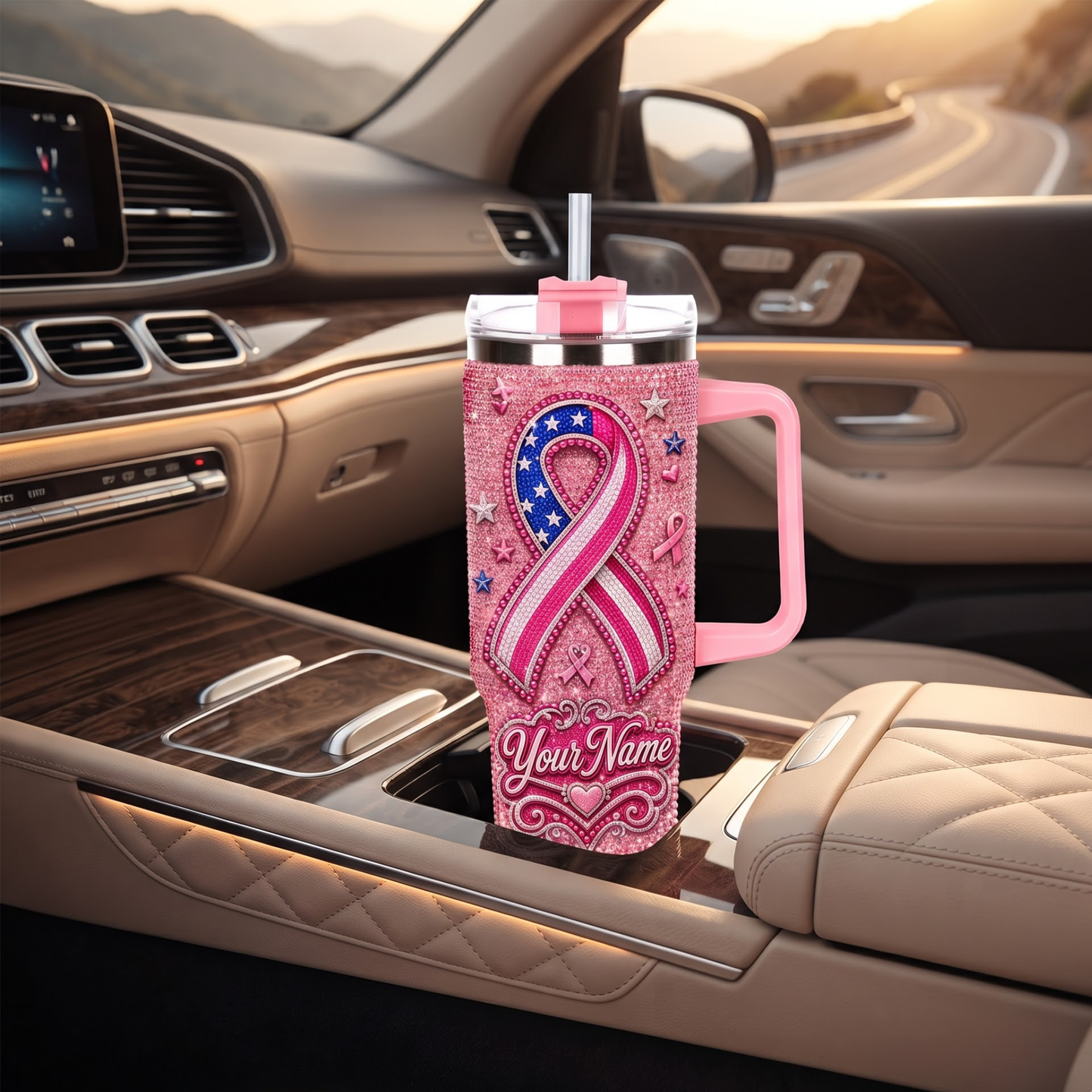 Personalized American Breast Cancer Awareness Rhinestone Tumbler – Custom Name Pink Ribbon 40oz Tumbler With Straw
