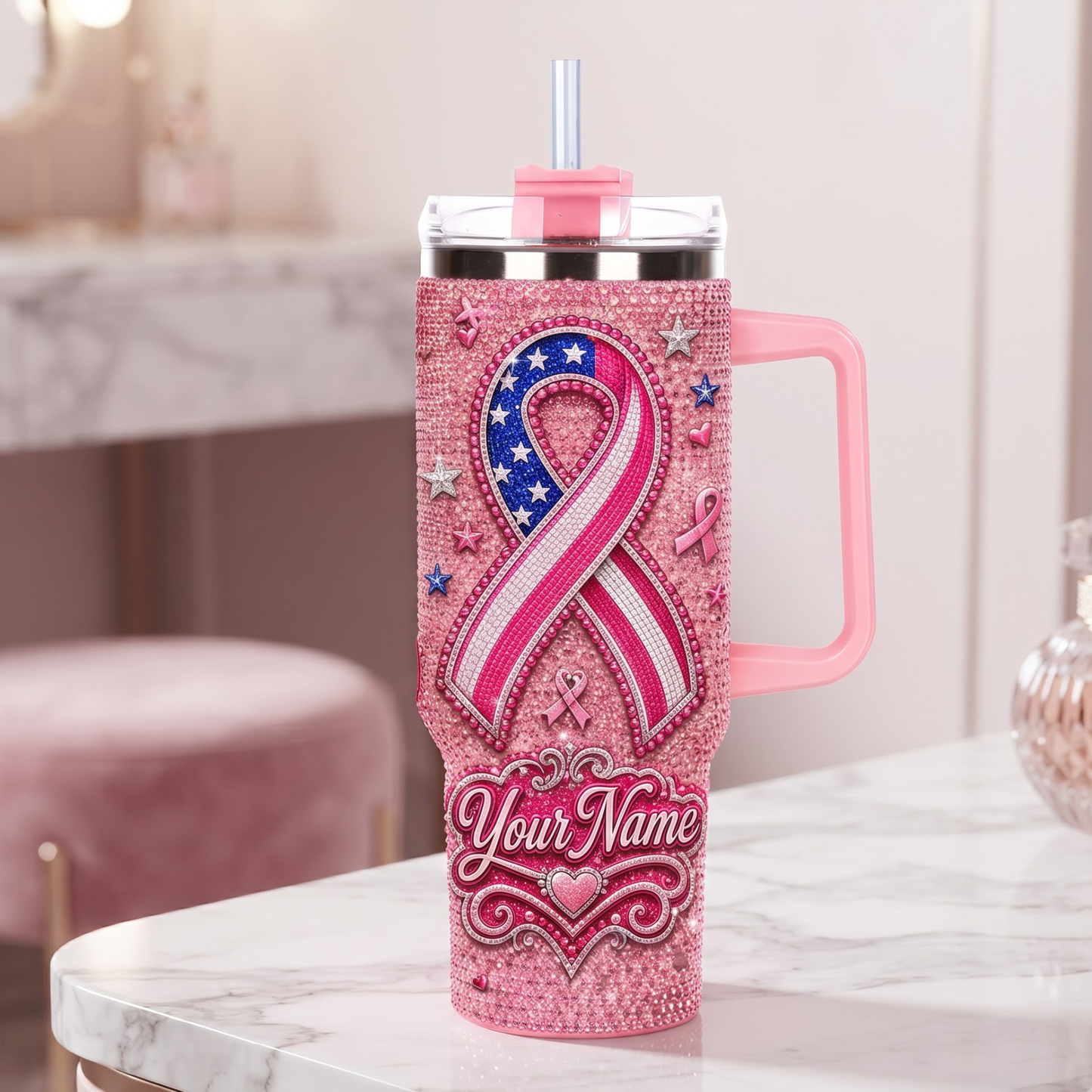 Personalized American Breast Cancer Awareness Rhinestone Tumbler – Custom Name Pink Ribbon 40oz Tumbler With Straw