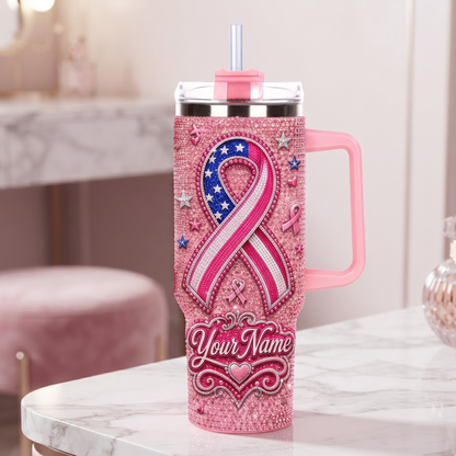 Personalized American Breast Cancer Awareness Rhinestone Tumbler – Custom Name Pink Ribbon 40oz Tumbler With Straw
