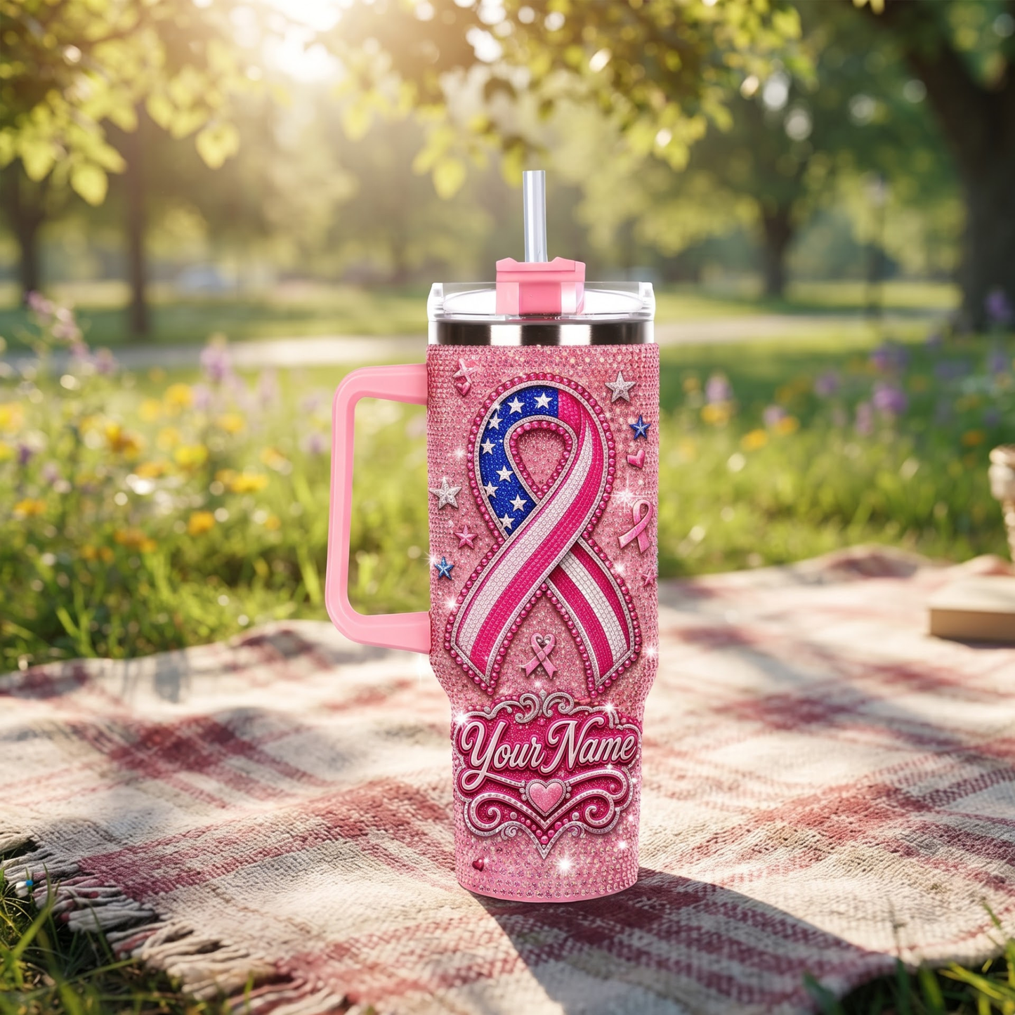 Personalized American Breast Cancer Awareness Rhinestone Tumbler – Custom Name Pink Ribbon 40oz Tumbler With Straw