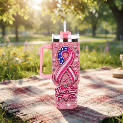 Personalized American Breast Cancer Awareness Rhinestone Tumbler – Custom Name Pink Ribbon 40oz Tumbler With Straw