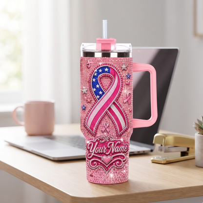 Personalized American Breast Cancer Awareness Rhinestone Tumbler – Custom Name Pink Ribbon 40oz Tumbler With Straw