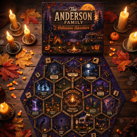 Personalized Family Halloween Adventure Strategy Board Game – Spooky Camping Game Night Gift