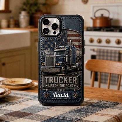 Personalized Trucker Leather Phone Case, Custom Semi Truck Driver Phone Cover, Trucker Gift for Him or Her, Long Haul Driver Gift, Custom Name Phone Case