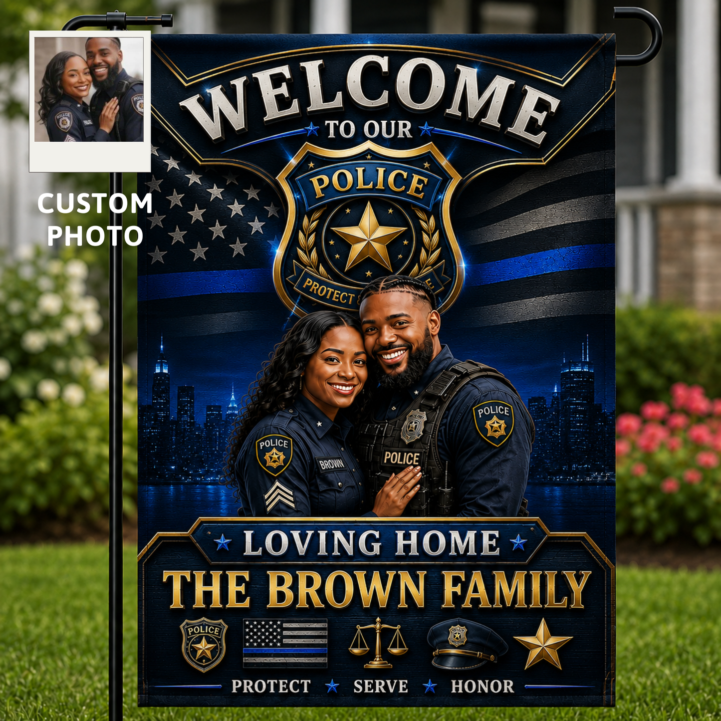 Personalized Police Family Welcome Garden Flag – Custom Officer Photo, Thin Blue Line Outdoor Decor, Police Home Gift