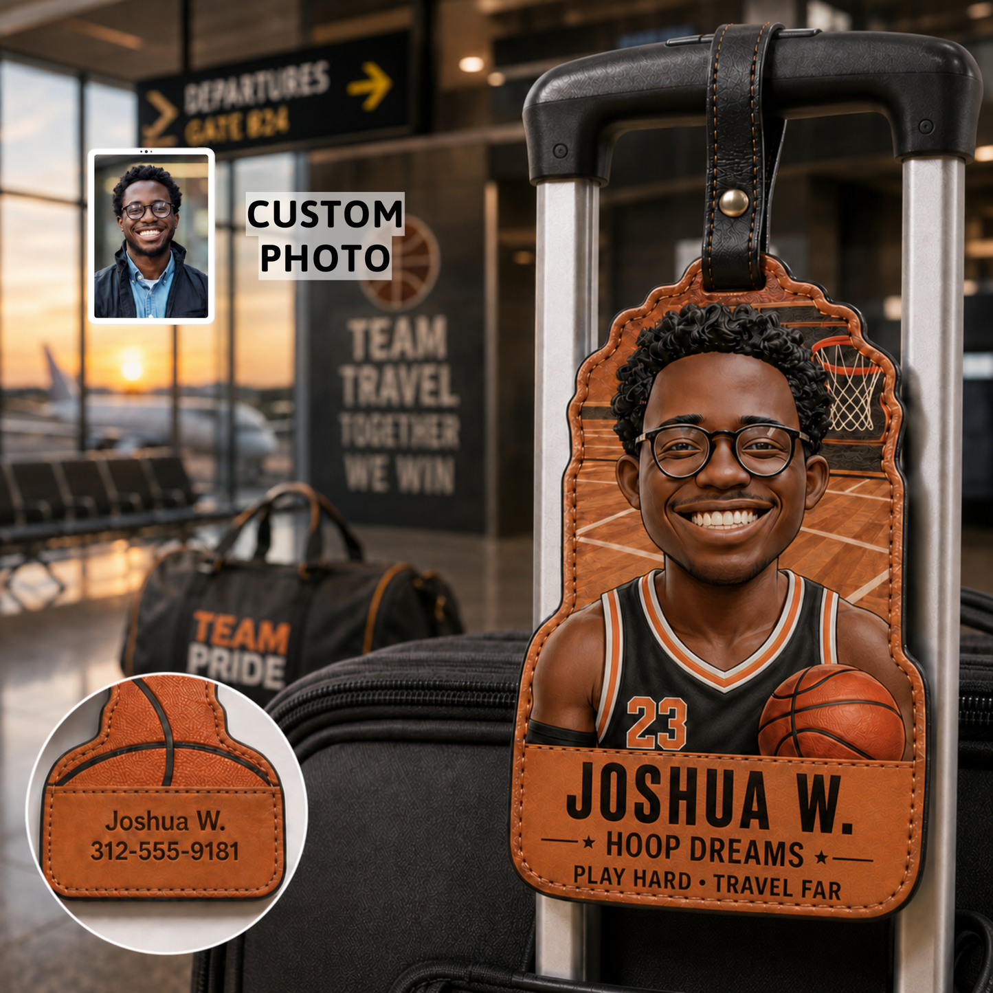 Personalized Basketball Photo Leather Luggage Tag – Custom Name Travel Bag Tag Gift