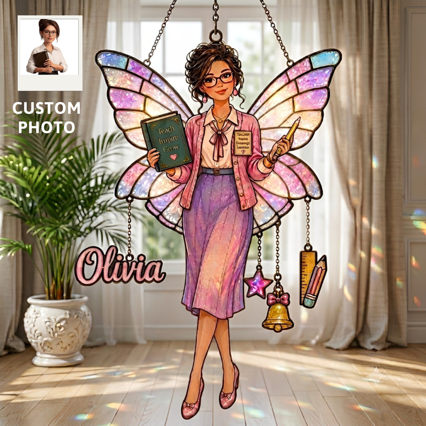 Personalized Teacher Fairy Window Hanging Suncatcher With Charms – Custom Photo Acrylic Ornament Gift for Teachers