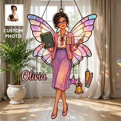 Personalized Teacher Fairy Window Hanging Suncatcher With Charms – Custom Photo Acrylic Ornament Gift for Teachers