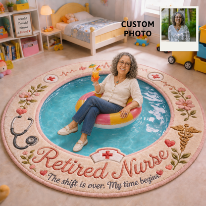 Personalized Retired Nurse Pool Tufted Rug – Custom Nurse Retirement Gift, Non-Slip Plush Floor Mat