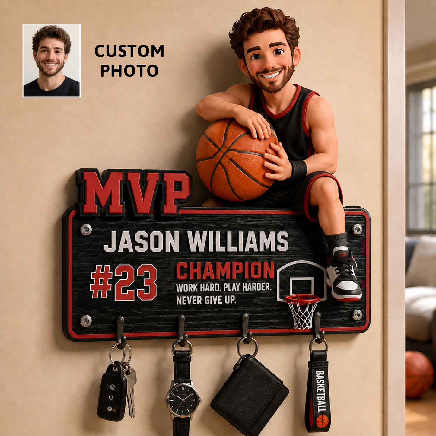 Personalized Basketball MVP Wooden Key Holder With Hooks – Custom Photo, Name & Number Wall Organizer Gift For Basketball Player, Coach, Dad, Husband, Boyfriend