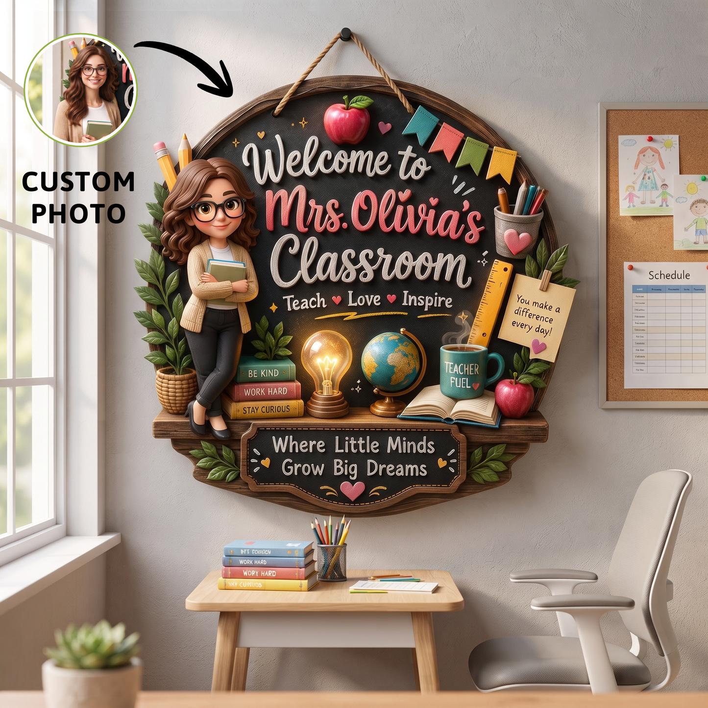 Personalized Wooden Sign with Cute Teacher Illustration, Inspire Learn Grow, Unique Creative Gift for Teacher