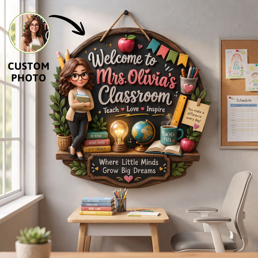 Personalized Wooden Sign with Cute Teacher Illustration, Inspire Learn Grow, Unique Creative Gift for Teacher